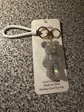 Natasha Rhinestone Teddy Bear Keychain - White Strap